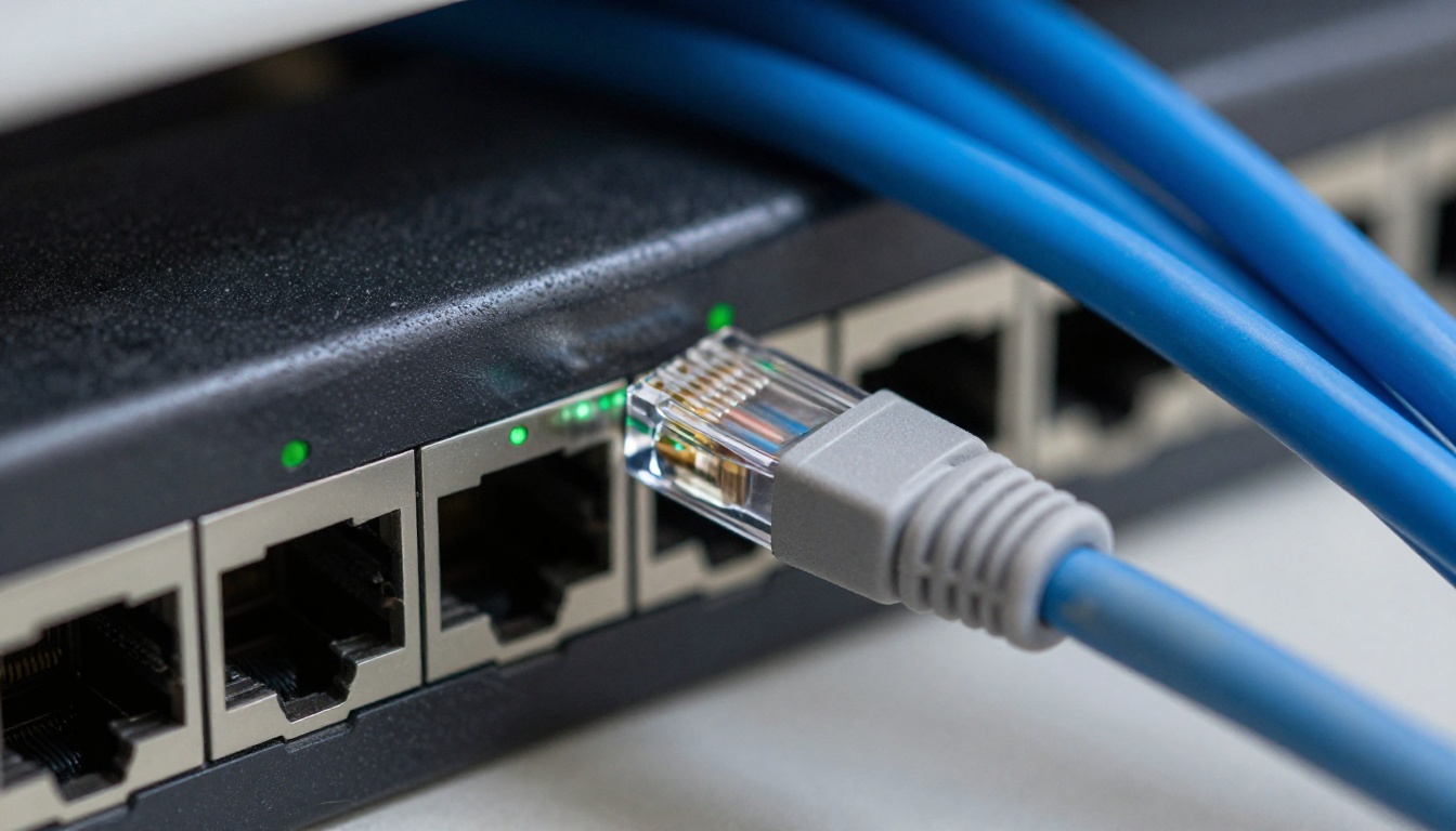 Ethernet cable being inserted into a network switch port with green status lights