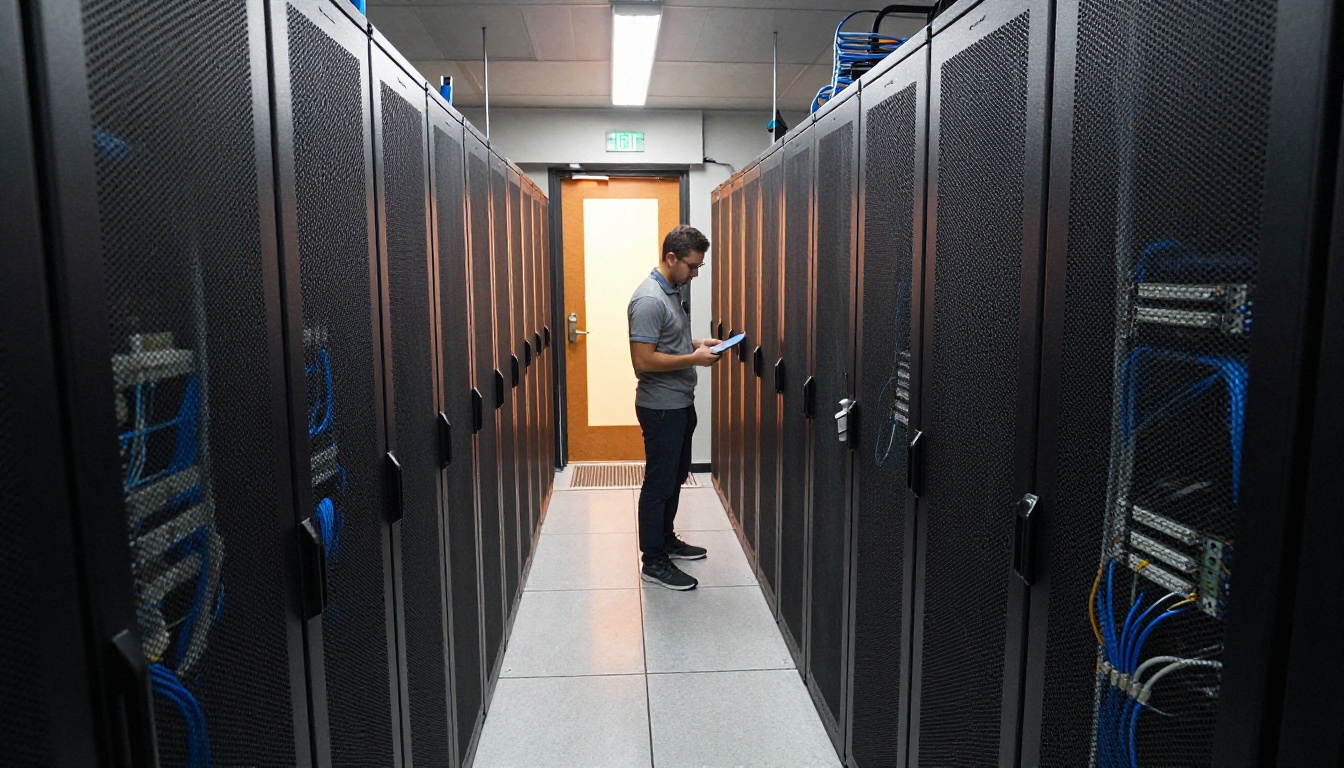 A technician crouched in a narrow data center aisle between black server racks with bundled patch cables