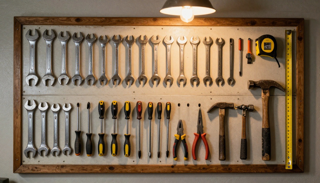 A garage pegboard with wrenches, screwdrivers, pliers and a hammer hung in tidy rows
