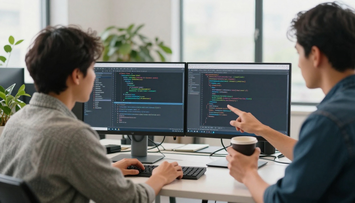 Two software engineers reviewing code at a standing desk