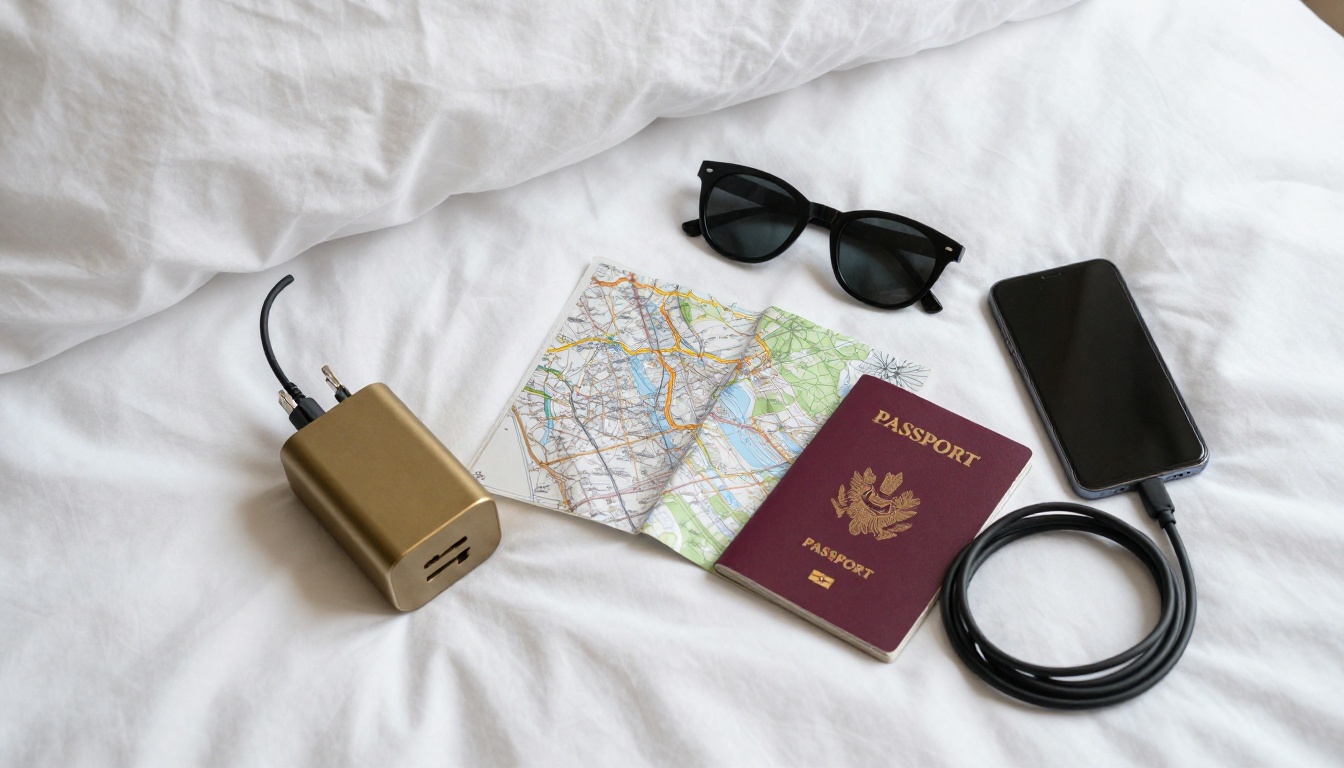 Overhead flat-lay of a universal travel adapter, passport, map, sunglasses and phone on a white hotel bedsheet