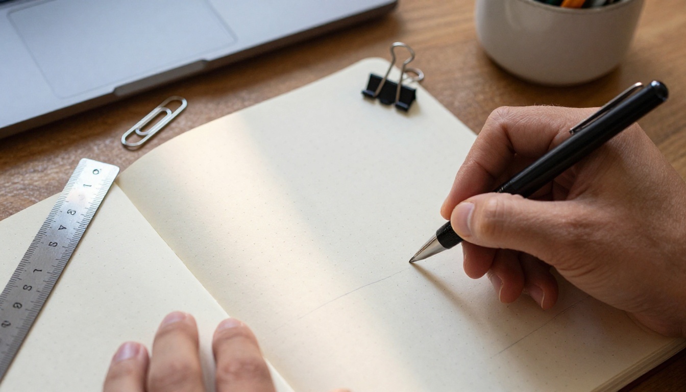Hand writing a neat three-column table in a dotted notebook next to a steel ruler
