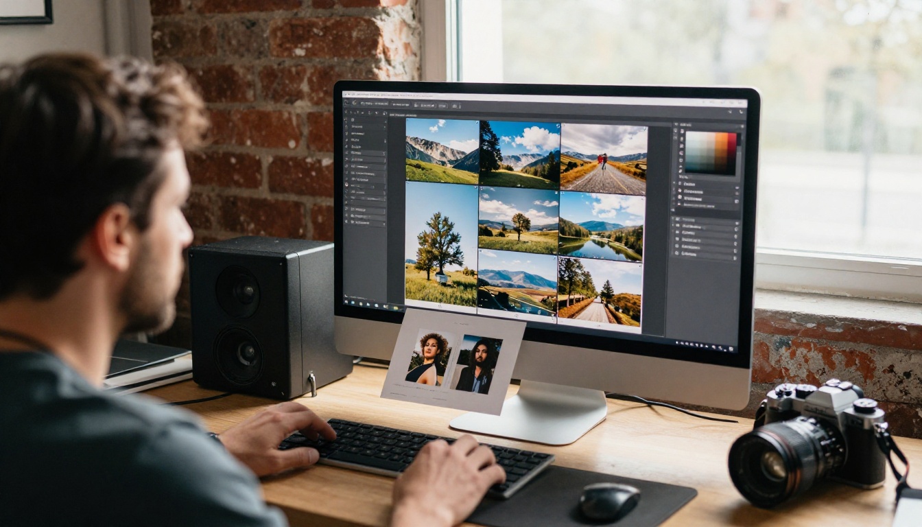 A photographer in a sunlit loft studio reviewing a series of photos on a large monitor beside printed contact sheets