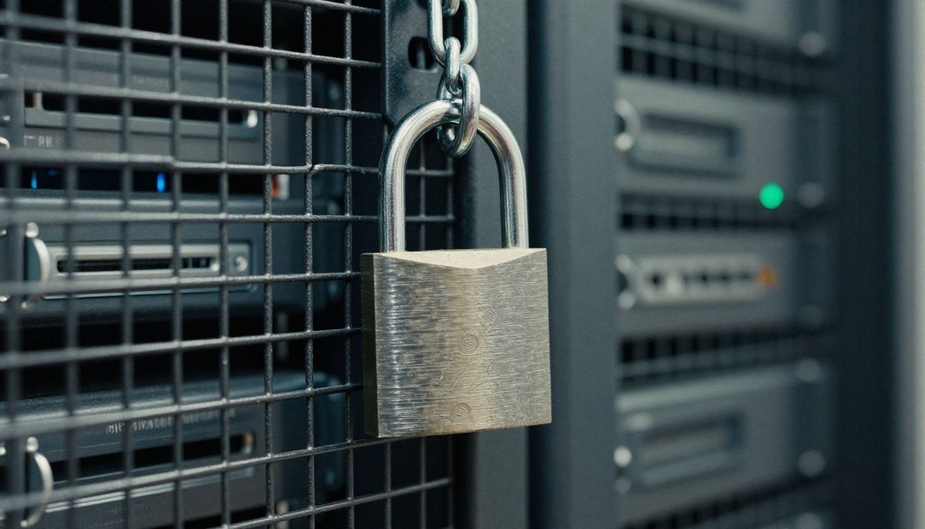 Heavy steel padlock on a chain securing a wire-mesh server cage door