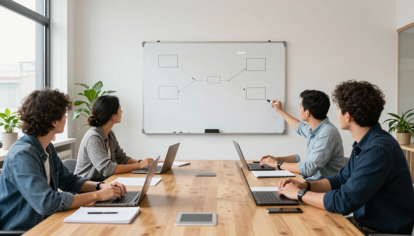 Four colleagues around a wooden table in a bright meeting room, one marking boxes and arrows on a whiteboard