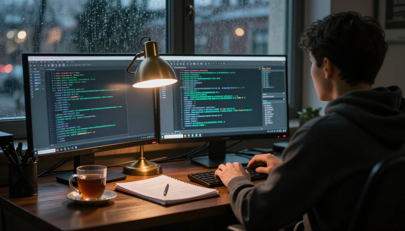 Developer at a dark wooden desk at dusk reading log output on two monitors
