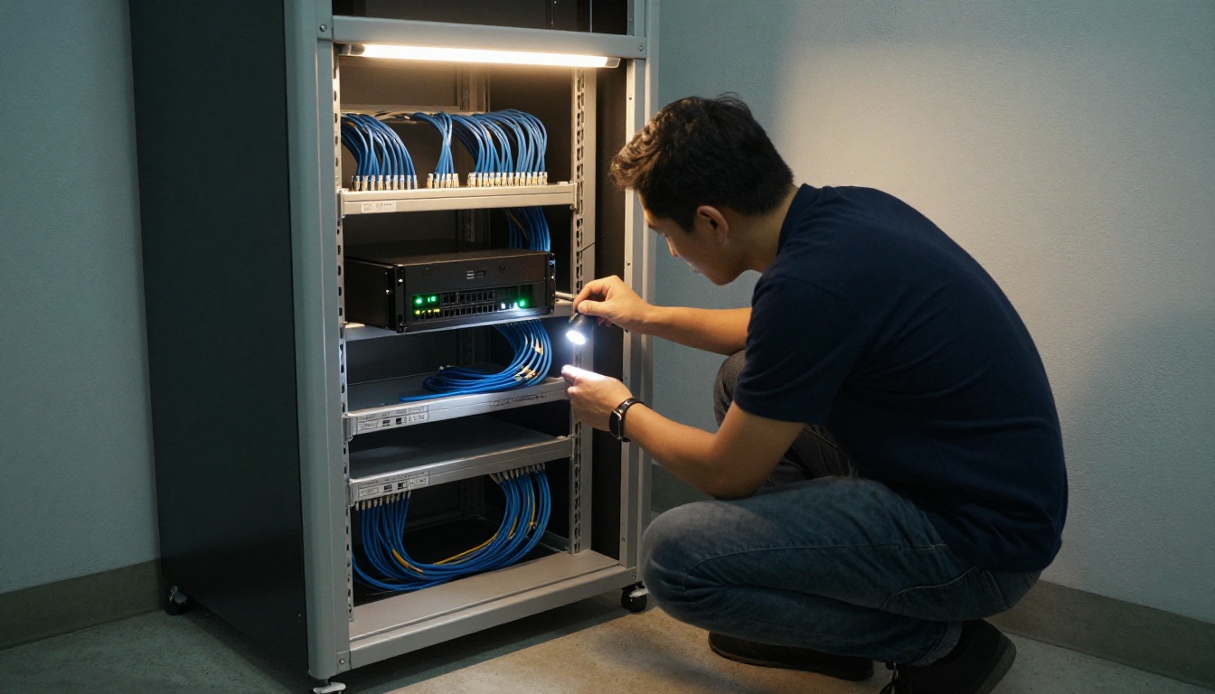 Tidy network closet with a wall-mounted rack and an engineer checking a cable