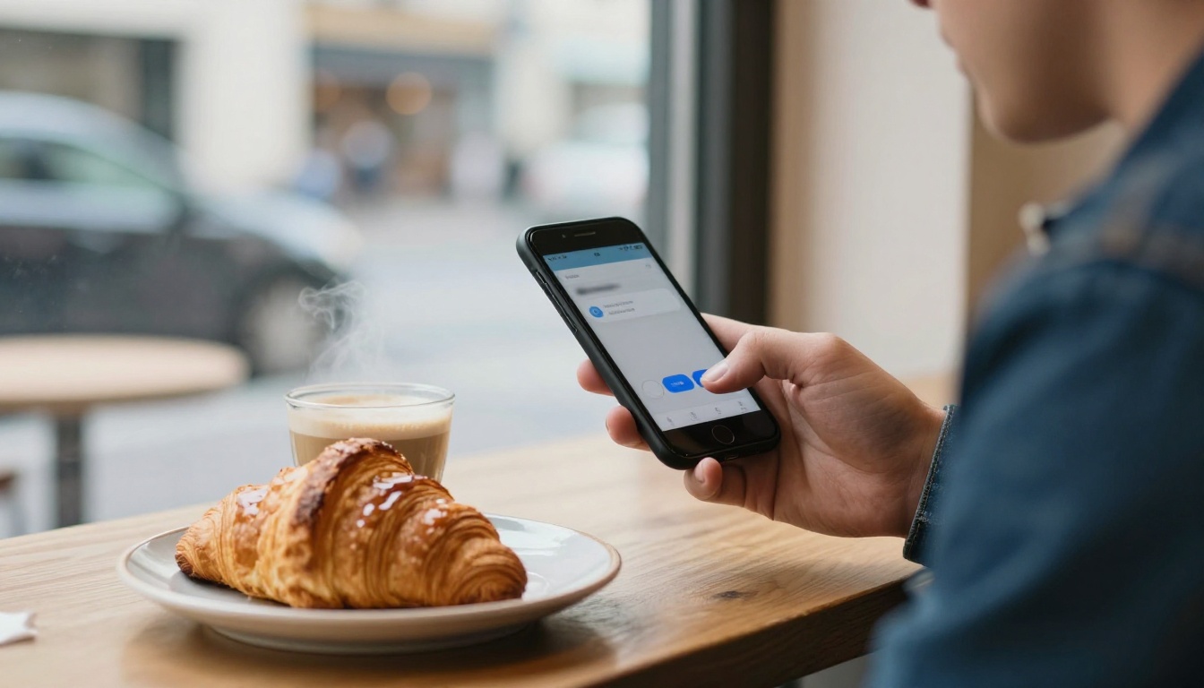 A man in a denim jacket at a cafe window table with his thumb over a smartphone permission prompt