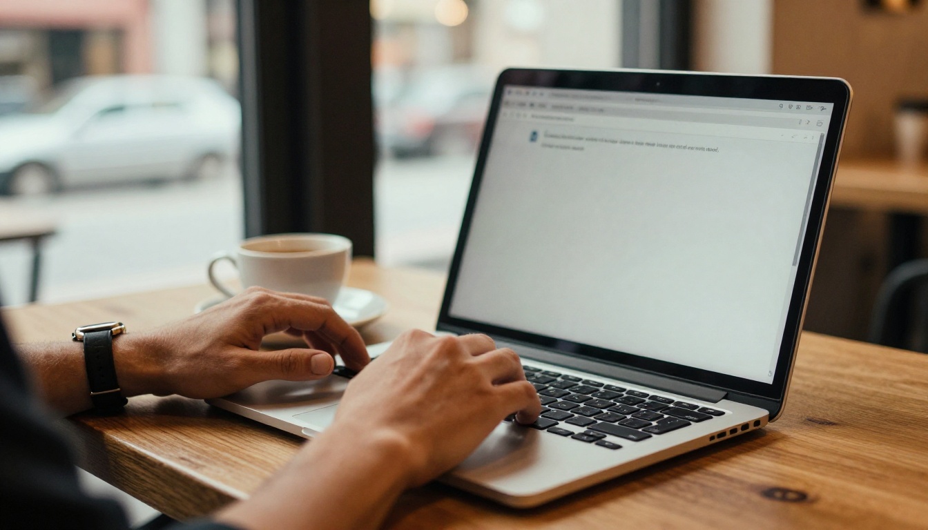 Person typing a question into a chat assistant on a laptop at a cafe table