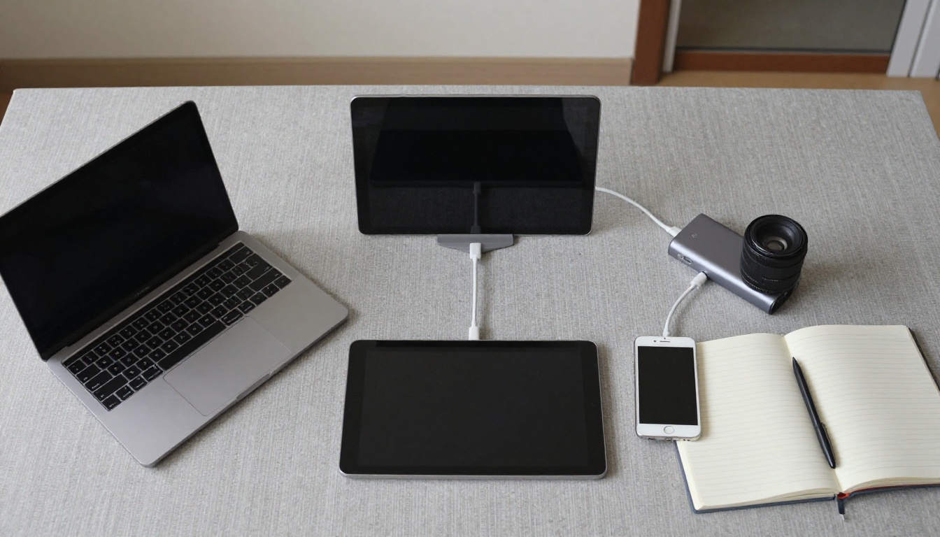 Laptop, tablet and phone connected to one small hub on a tidy desk, seen from above