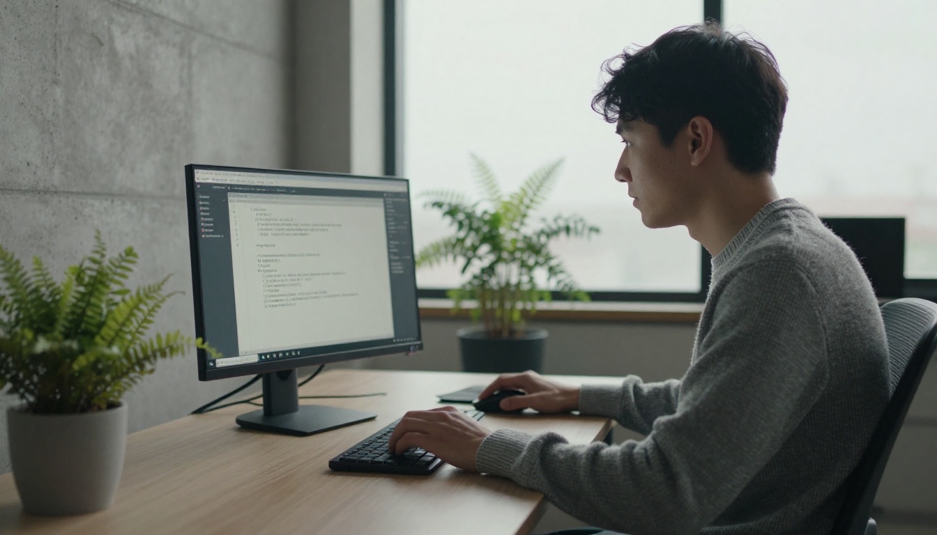 Developer typing a command in a terminal window beside a potted fern