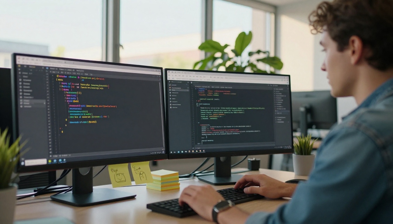 Programmer at a coworking desk with a code editor and a chat panel on two monitors