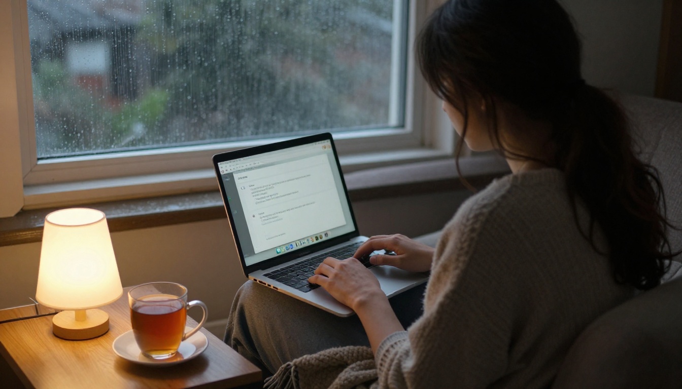 Woman on a sofa with a laptop showing a chat reply, rain on the window behind her