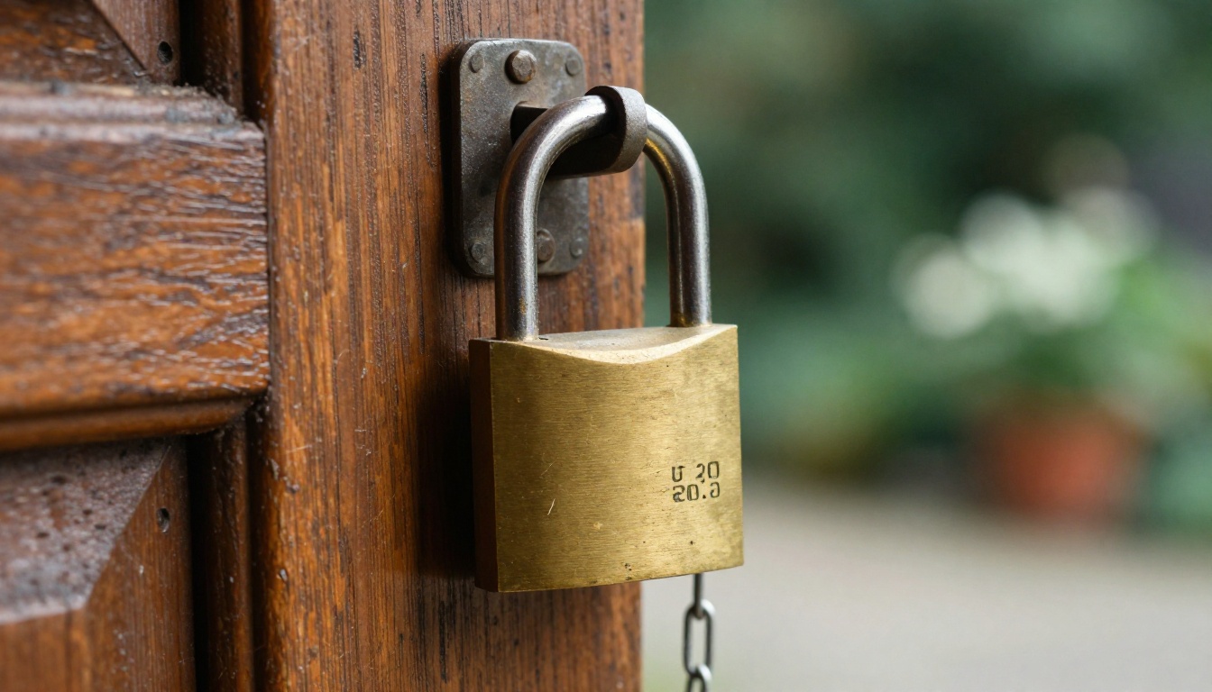 Brass padlock on a weathered wooden door in raking morning light