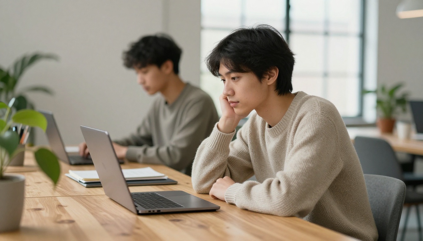 A software developer working at a laptop in a bright coworking space with soft afternoon window light