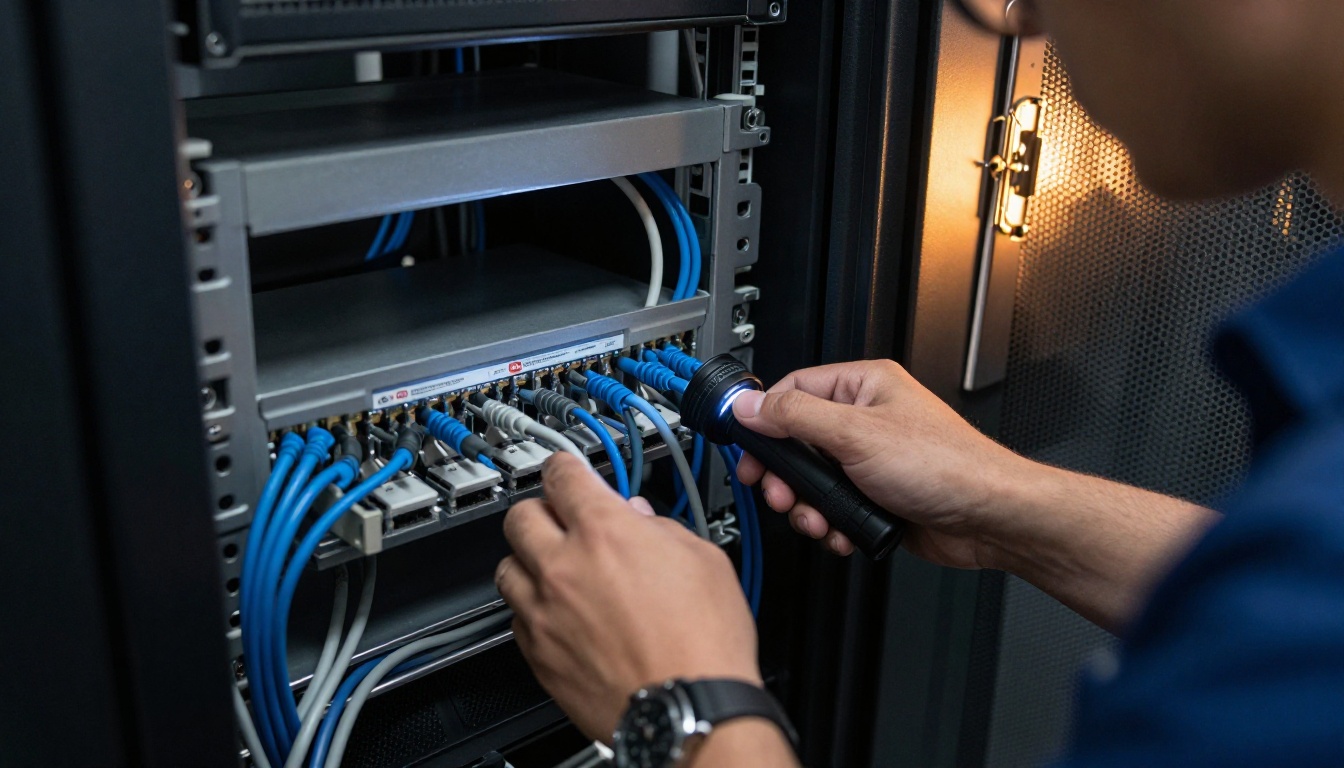 Technician's hands checking labeled cables on a patch panel with a flashlight