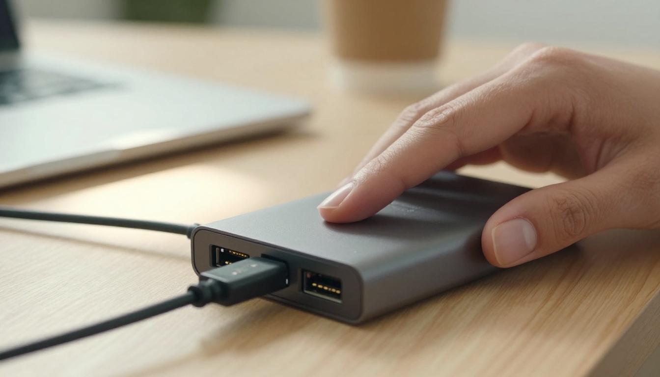 A woman's hands pressing a USB-C cable into a multi-port hub on an oak desk