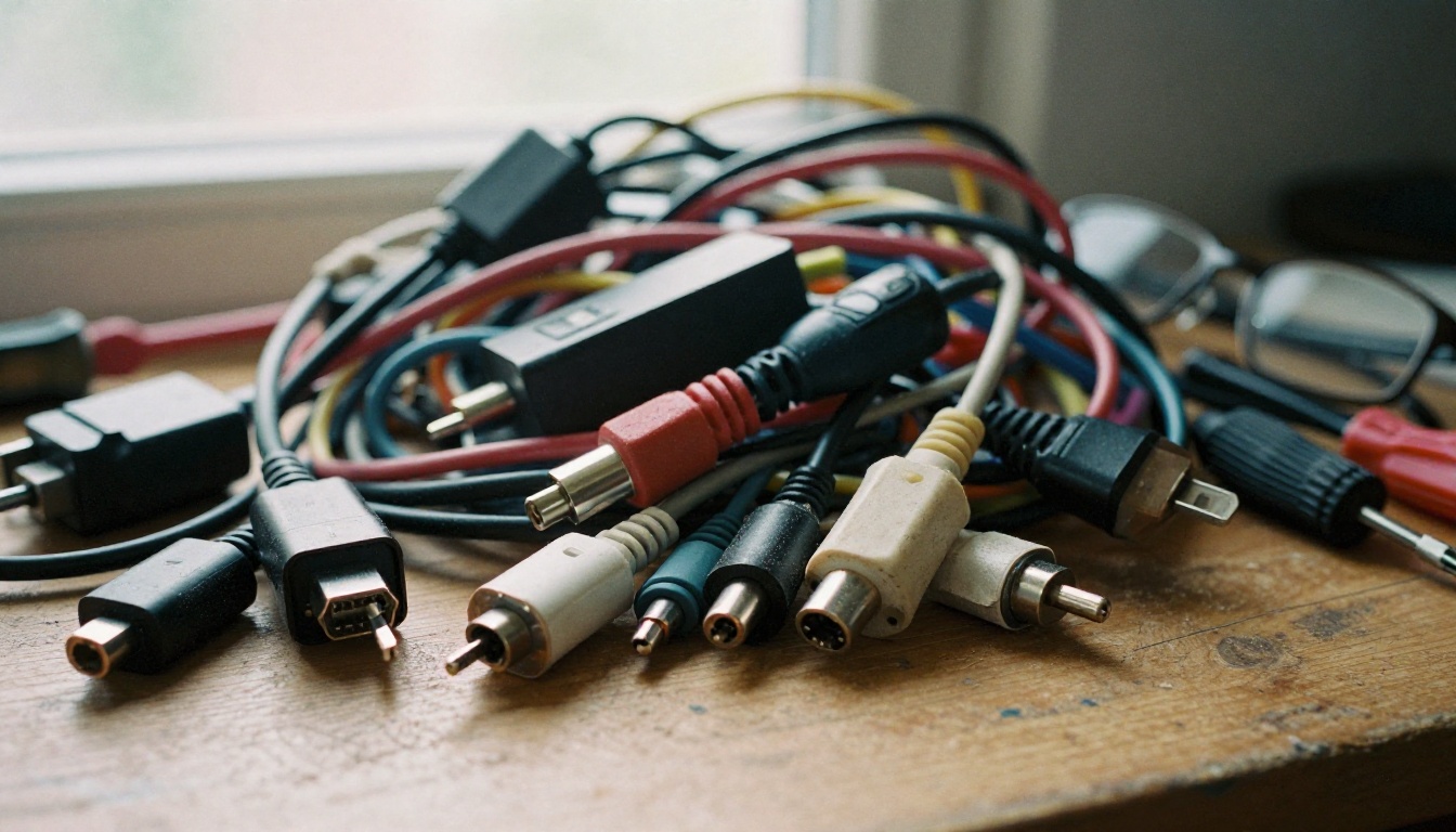 Tangled pile of mismatched cables and chargers on an oak workbench seen from above