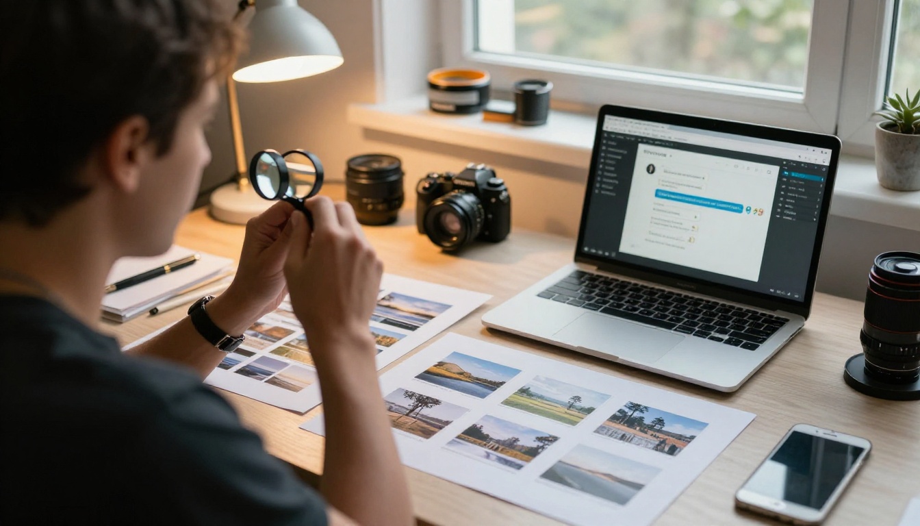 Designer reviewing printed landscape photographs beside a laptop with a chat window