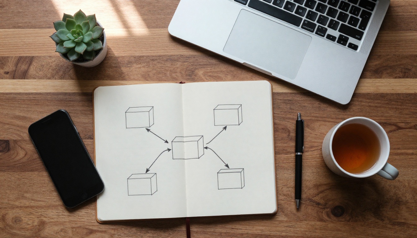 Top-down view of a desk with a laptop, smartphone, tea and a notebook holding a hand-drawn diagram of boxes joined by arrows