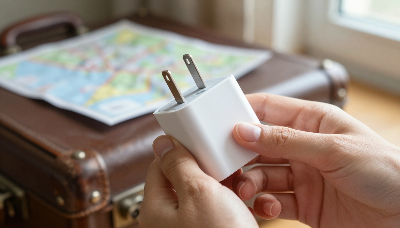 Hands holding a white universal travel power adapter with several plug types
