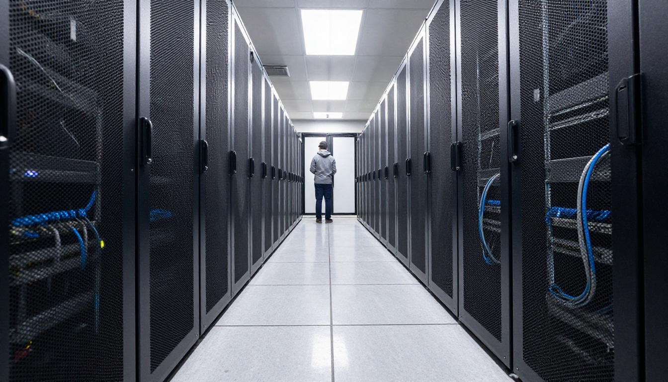 Low-angle view down a narrow aisle of black server racks with neatly bundled network cables