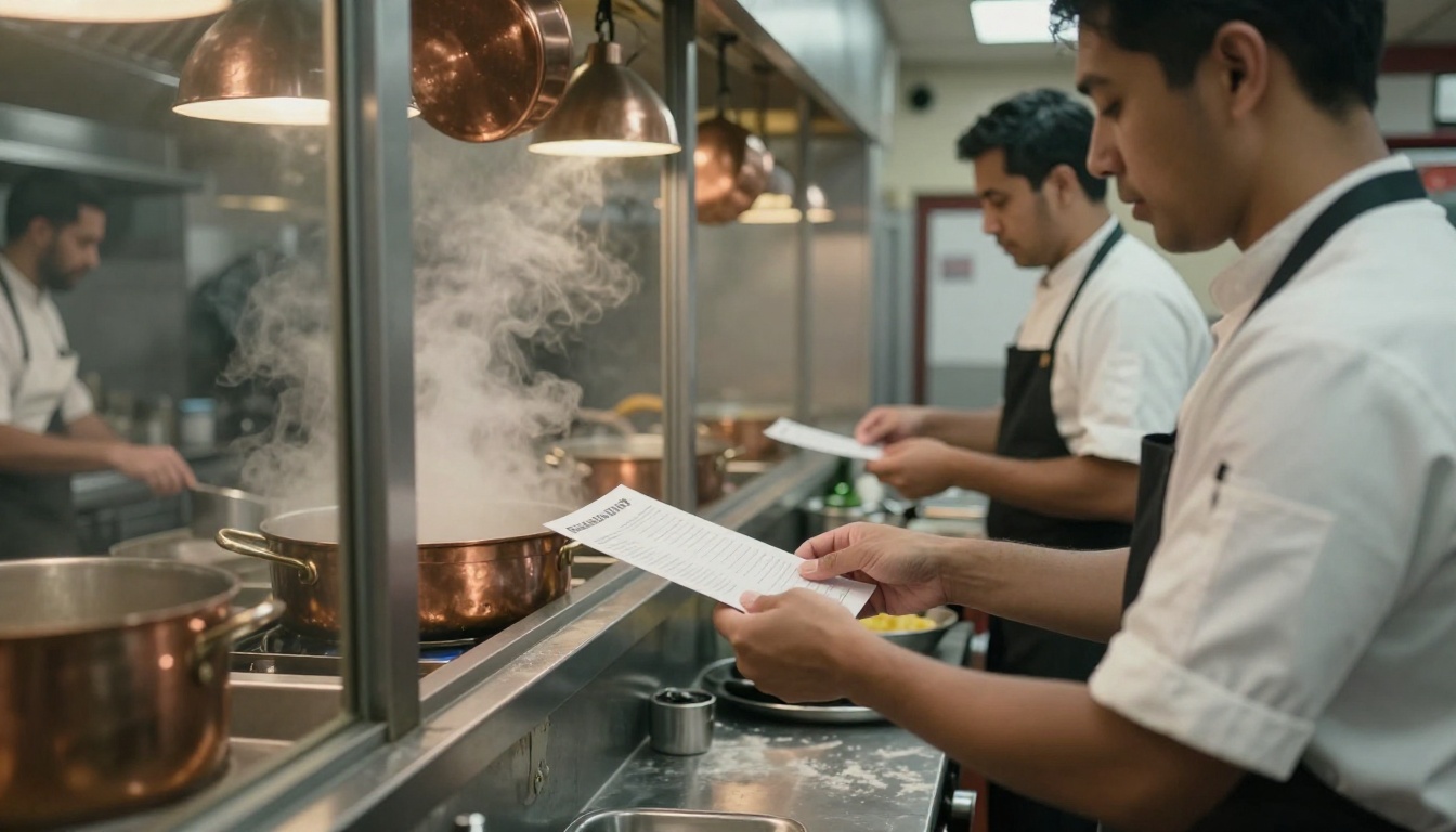 A waiter sliding an order slip to a chef through a restaurant kitchen pass window