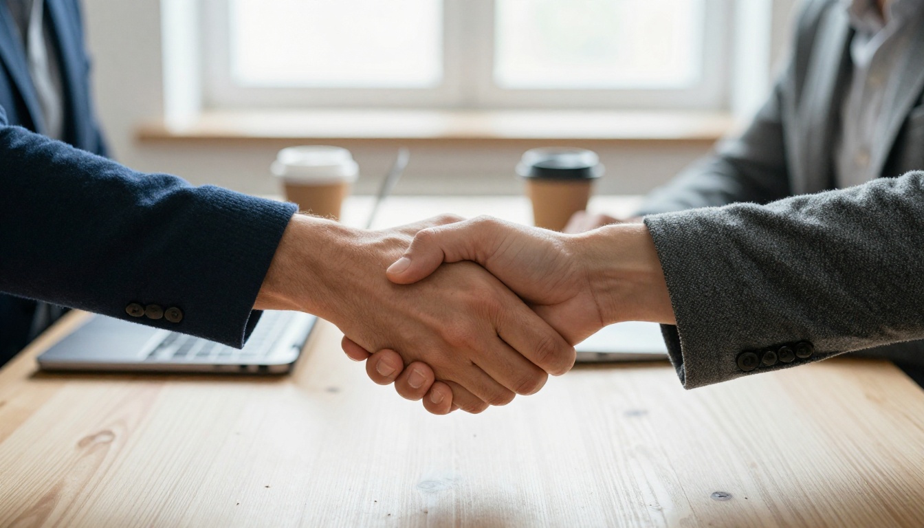 Two people shaking hands across a pale wooden meeting table