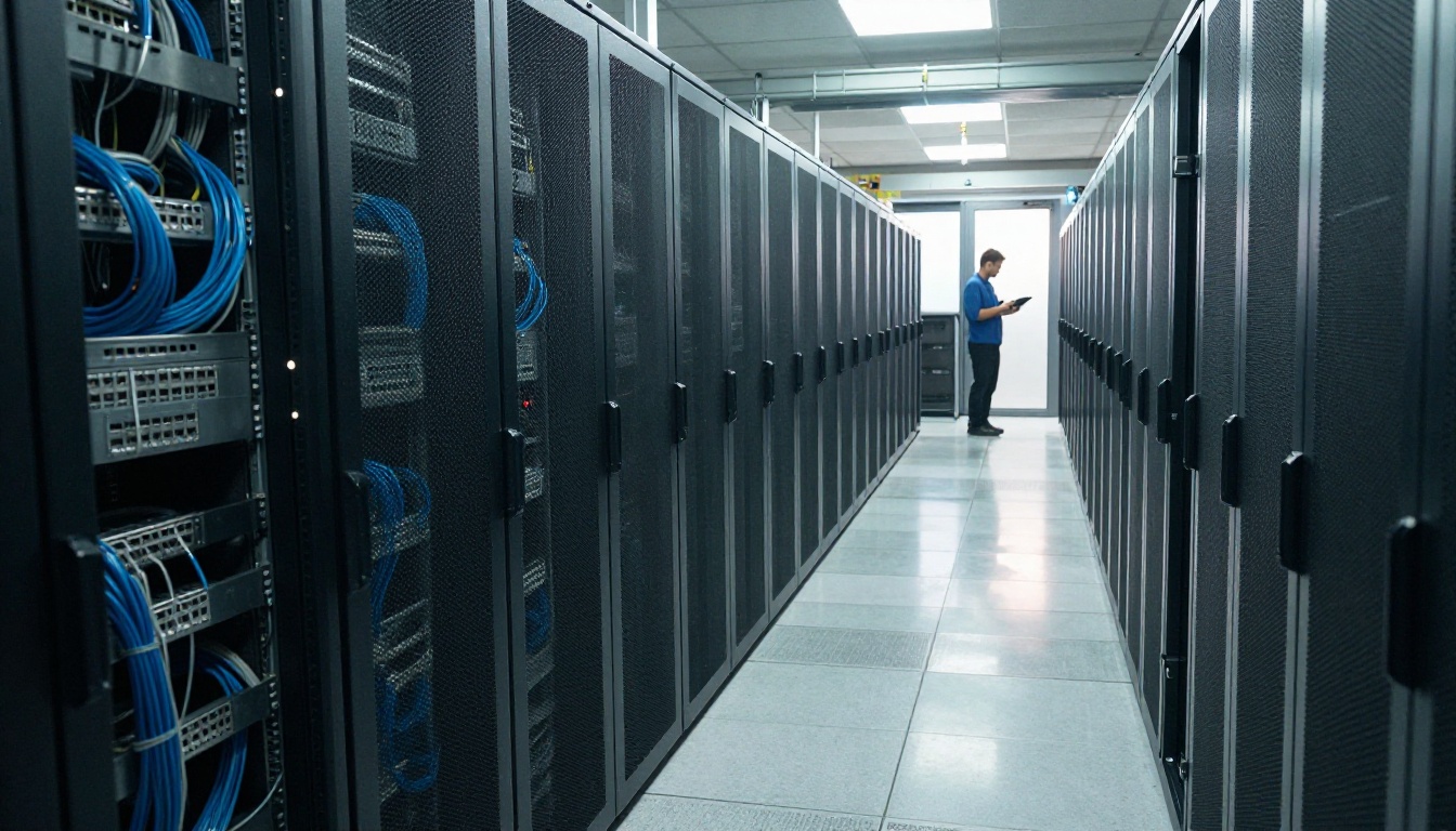 Low angle view down a quiet data centre aisle between server racks