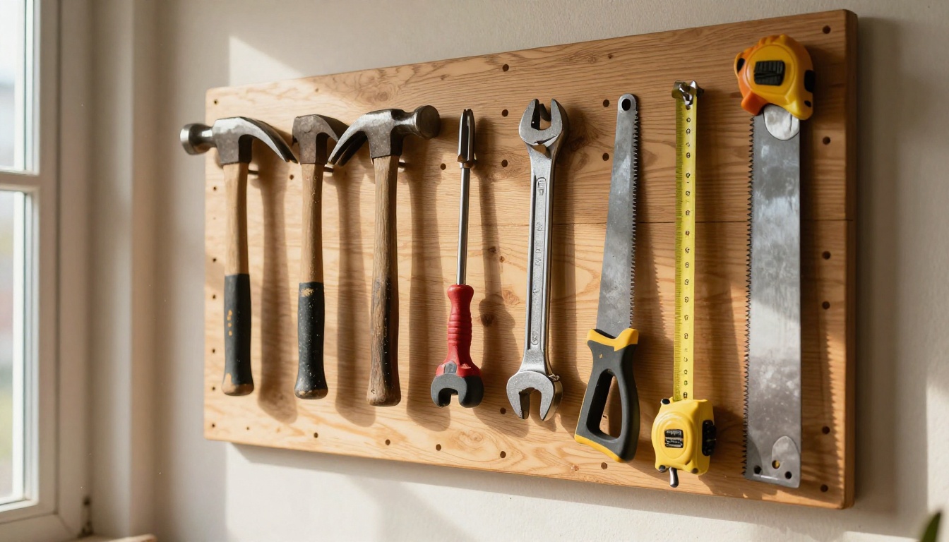 Workshop pegboard with hammers, wrenches and pliers hanging in painted outlines
