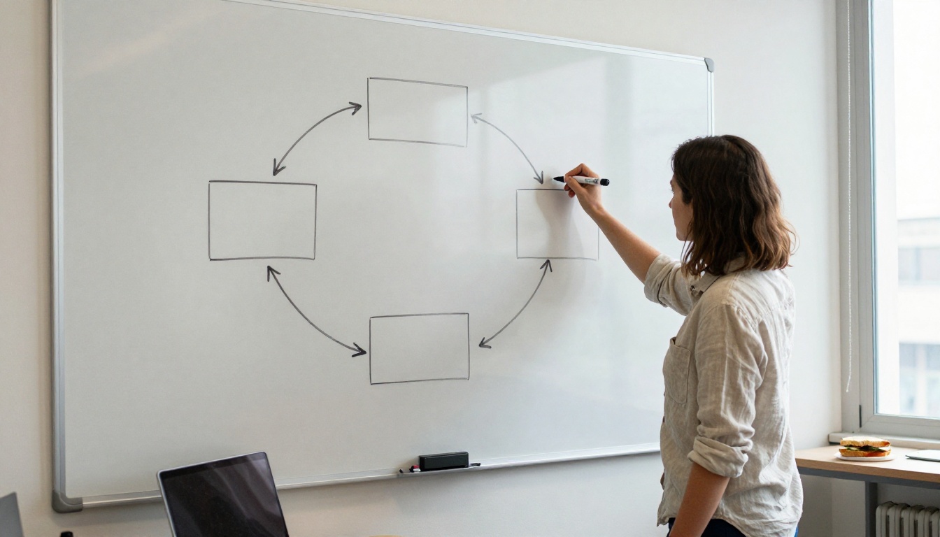 Engineer drawing three boxes joined by looping arrows on a large whiteboard