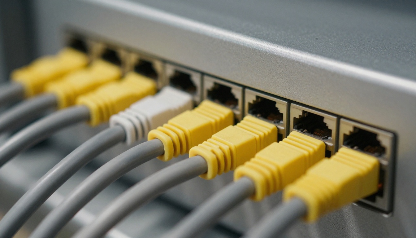 Macro view of a network patch panel with yellow, white and grey ethernet cables plugged into ports