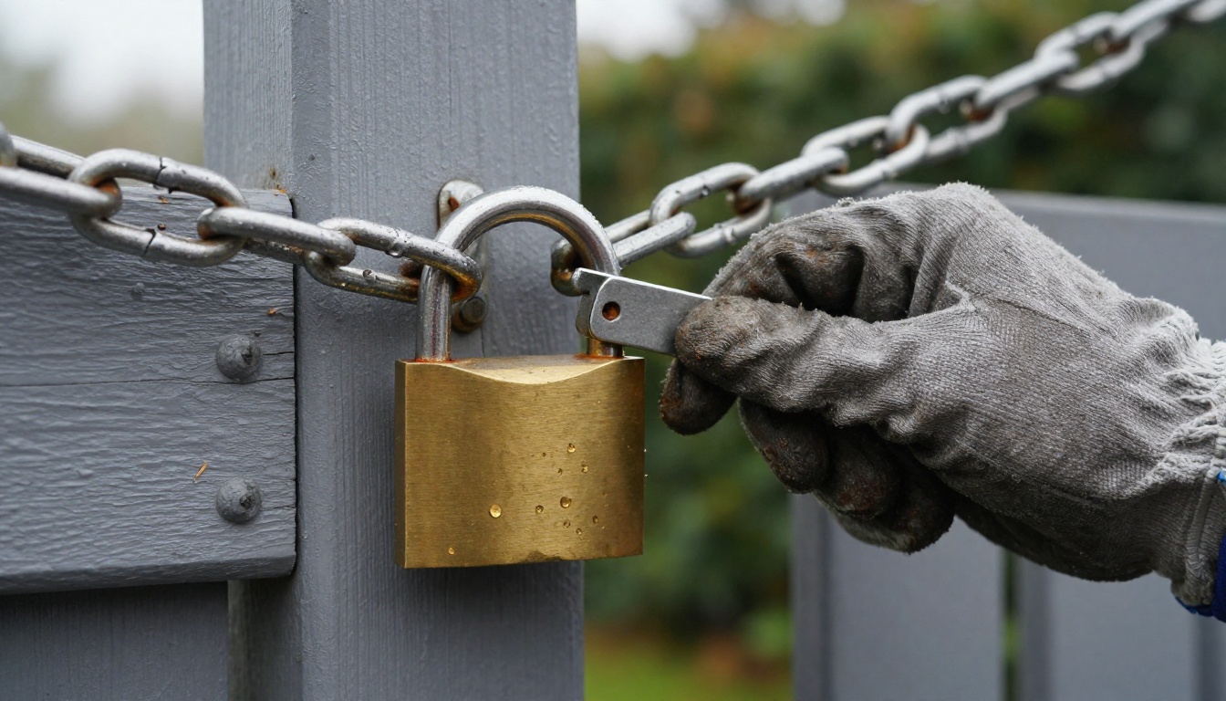 Heavy brass padlock on a galvanised chain across a weathered wooden gate