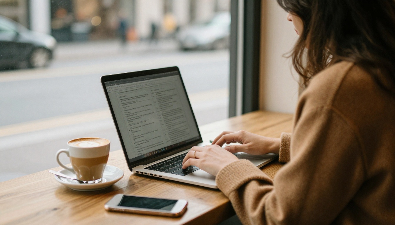 A woman in a camel coat typing on a laptop at a sunny café window table with a smartphone beside her