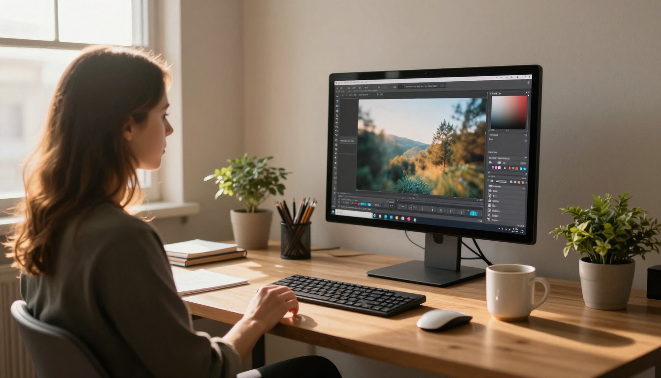 Designer at a long wooden desk editing a landscape photograph in golden hour light