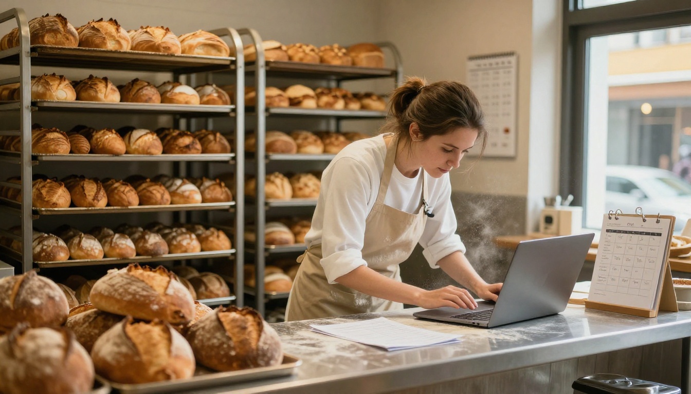 A bakery owner in a flour-dusted apron checking a laptop on a stainless steel counter beside trays of fresh bread