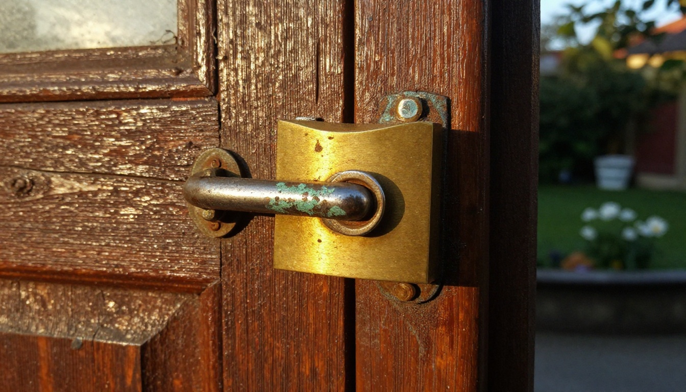 Low-angle close-up of a weathered brass padlock on a heavy wooden gate in warm late-afternoon light