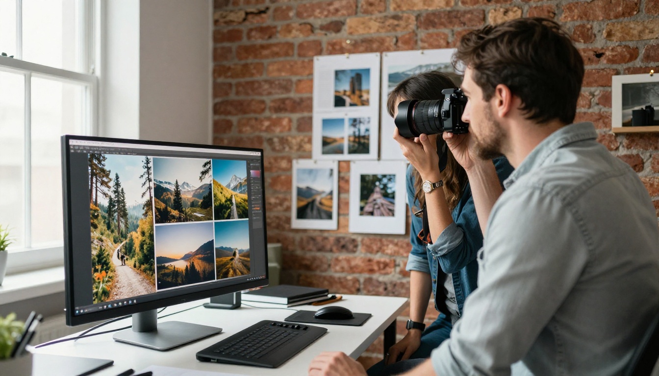 A photographer and a designer reviewing landscape photographs on a large monitor in a bright creative studio