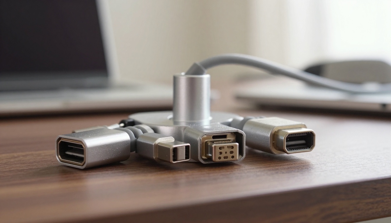 Aluminum docking hub with several different cables plugged into its ports