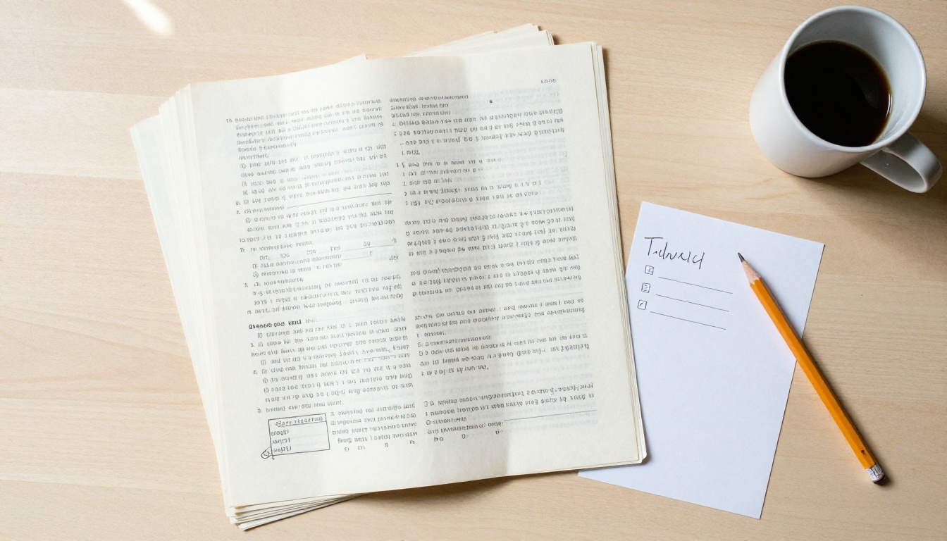 Overhead view of a tall stack of printed pages beside one small index card
