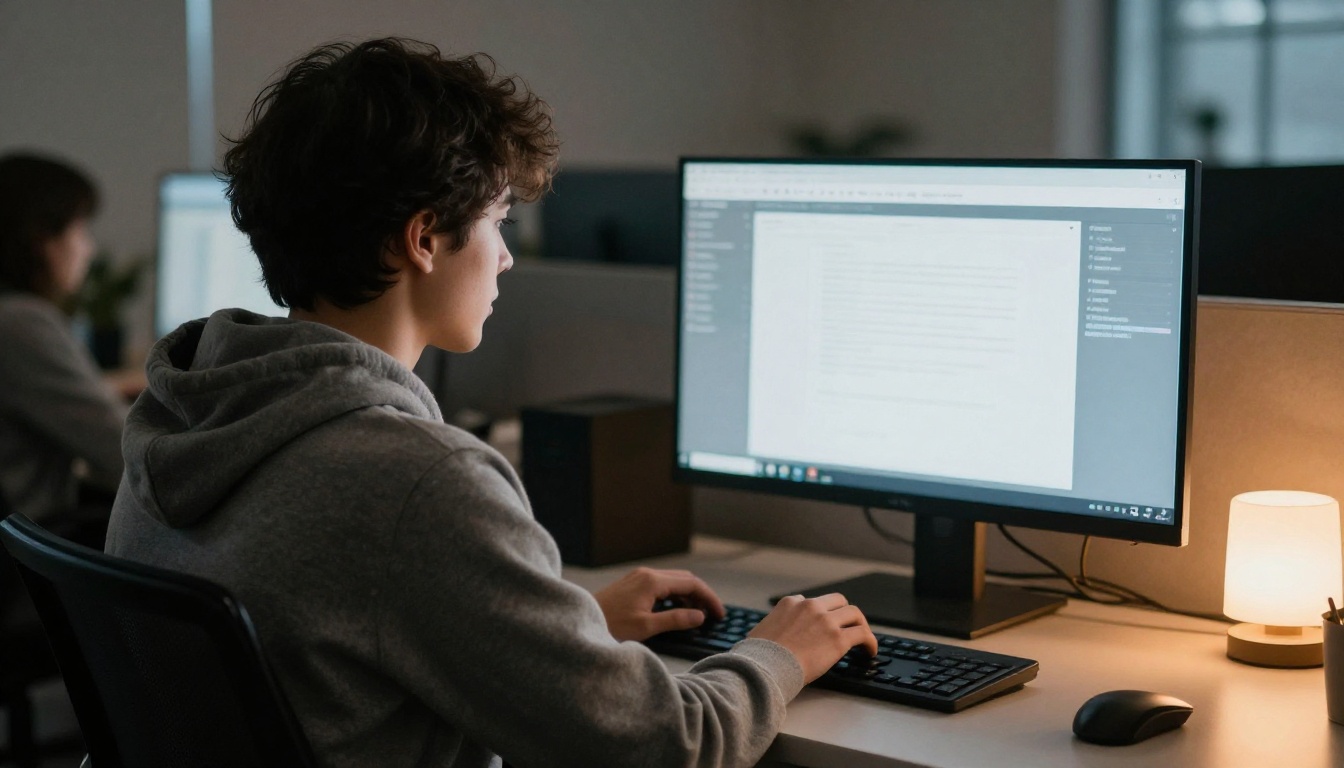 Over-the-shoulder view of an engineer typing in a plain terminal window at a standing desk