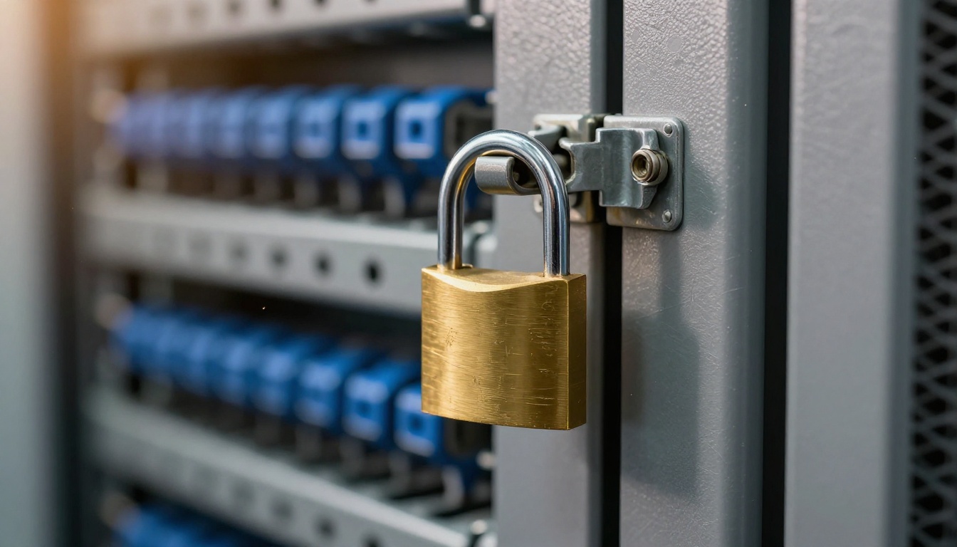 Close-up of a brass padlock on the steel latch of a server rack door