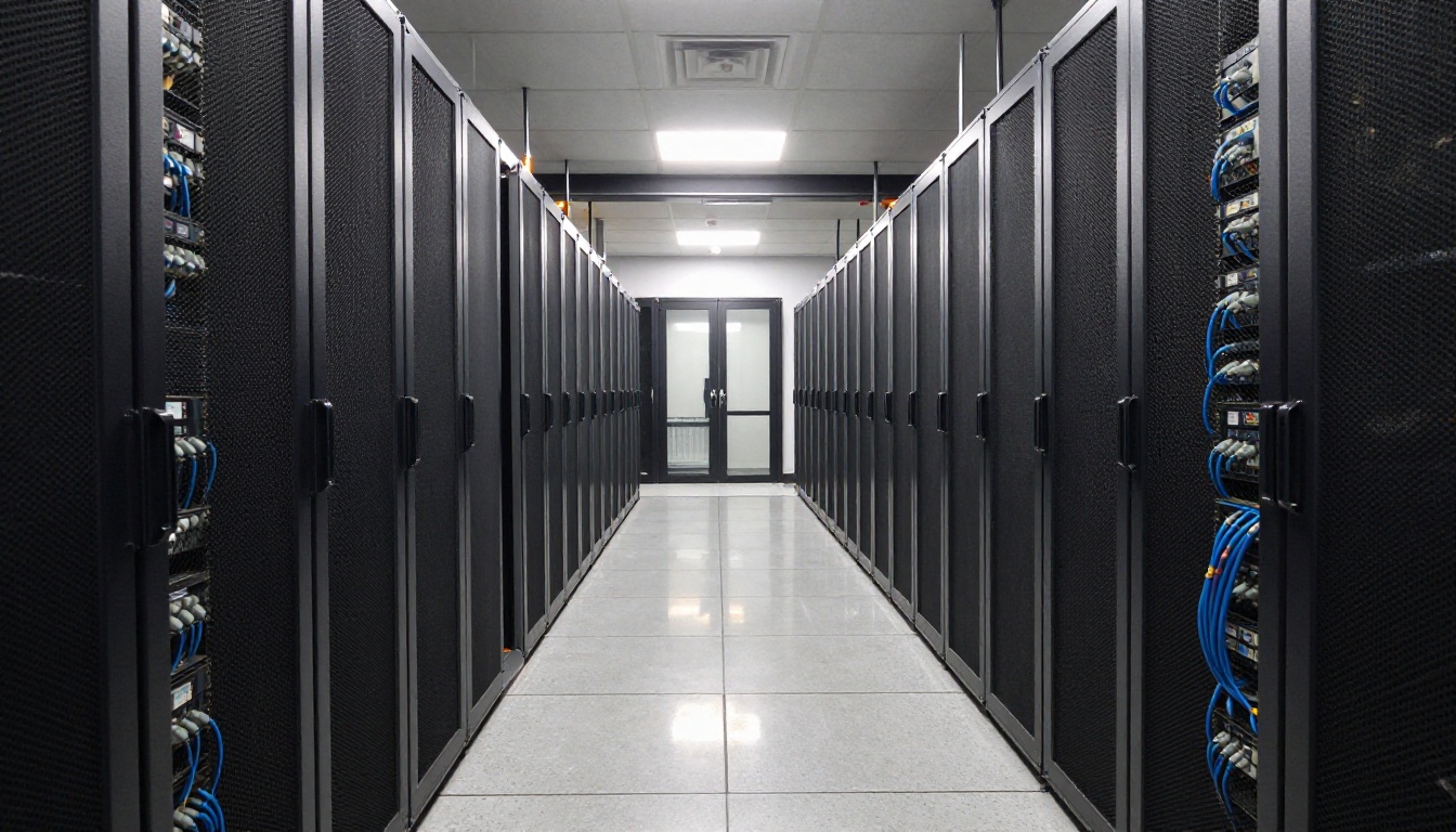 Wide view down a tidy data center aisle between rows of server racks