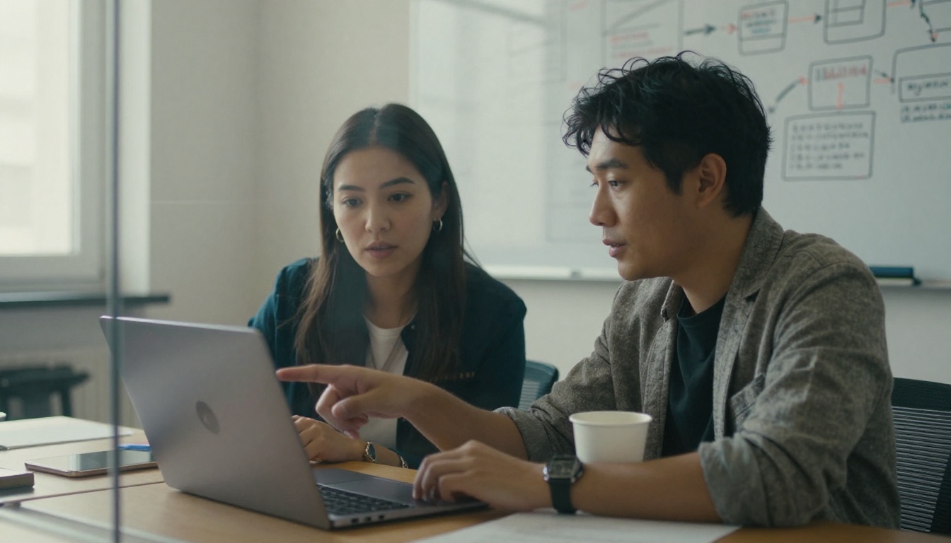 Two colleagues reviewing a laptop in a glass meeting room with a whiteboard behind them