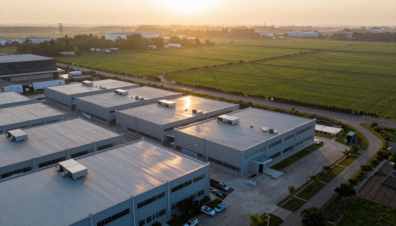Aerial view of a large low-rise data center campus at golden hour