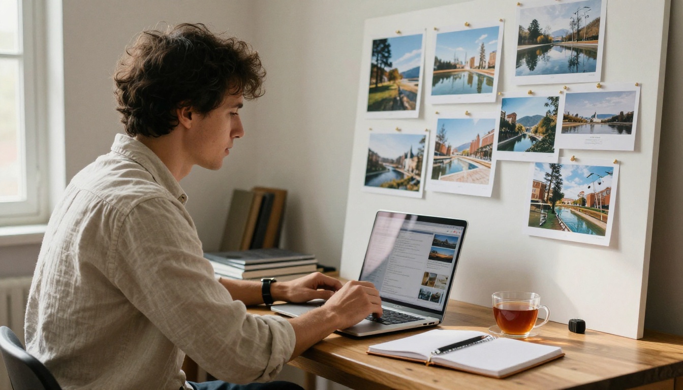 Creative director studying printed landscape photographs on a studio wall beside an open laptop