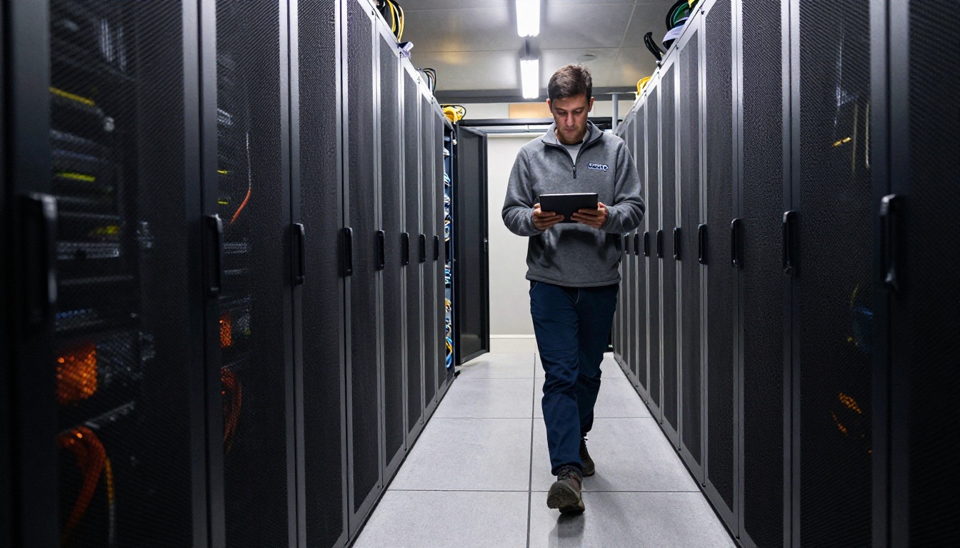 Technician walking down a data center aisle lined with server racks