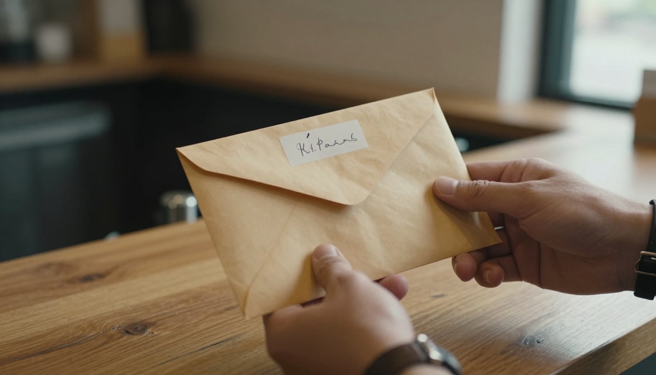 Two pairs of hands passing a manila envelope with a handwritten note slipping out