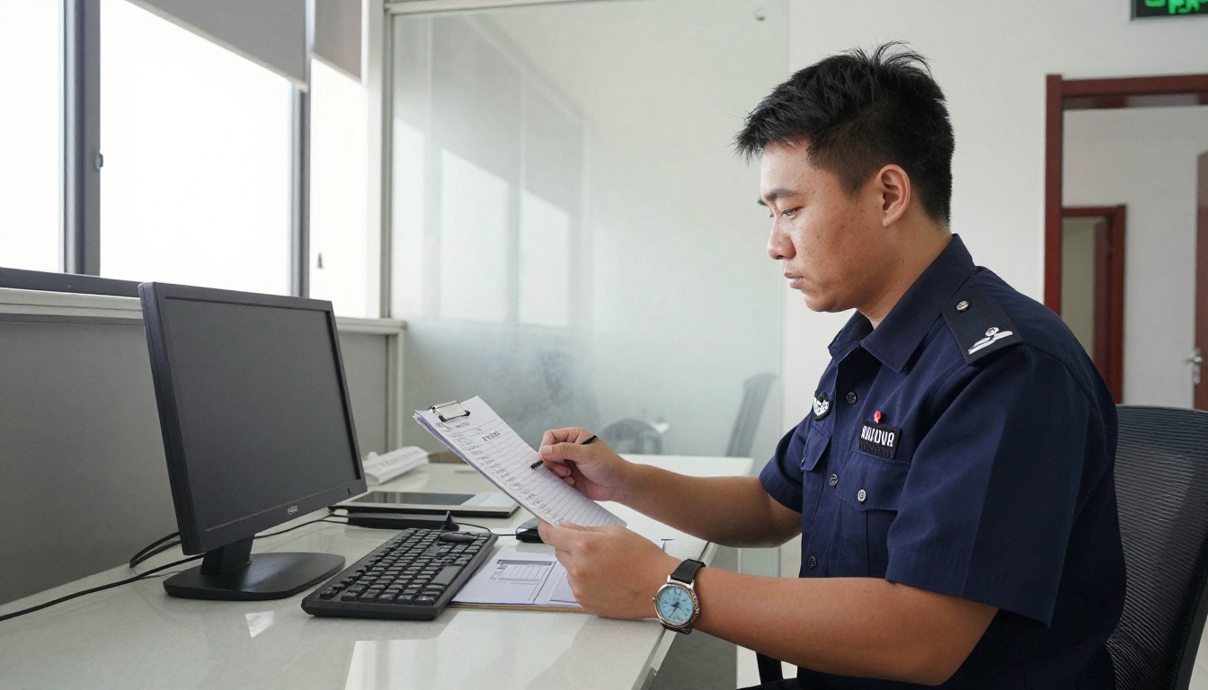 Security guard comparing a visitor badge against a clipboard list in a glass lobby