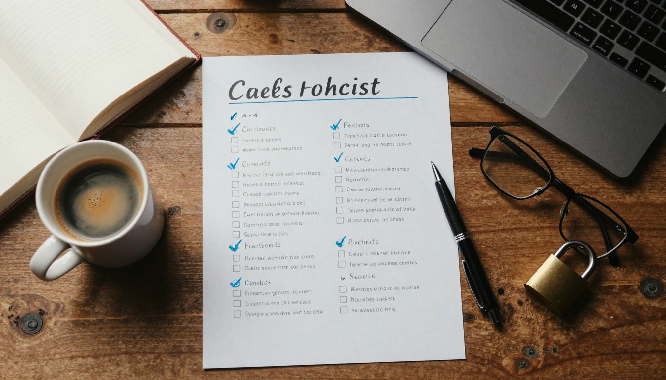 Printed checklist with blue pen ticks on a wooden desk beside a laptop and a small padlock